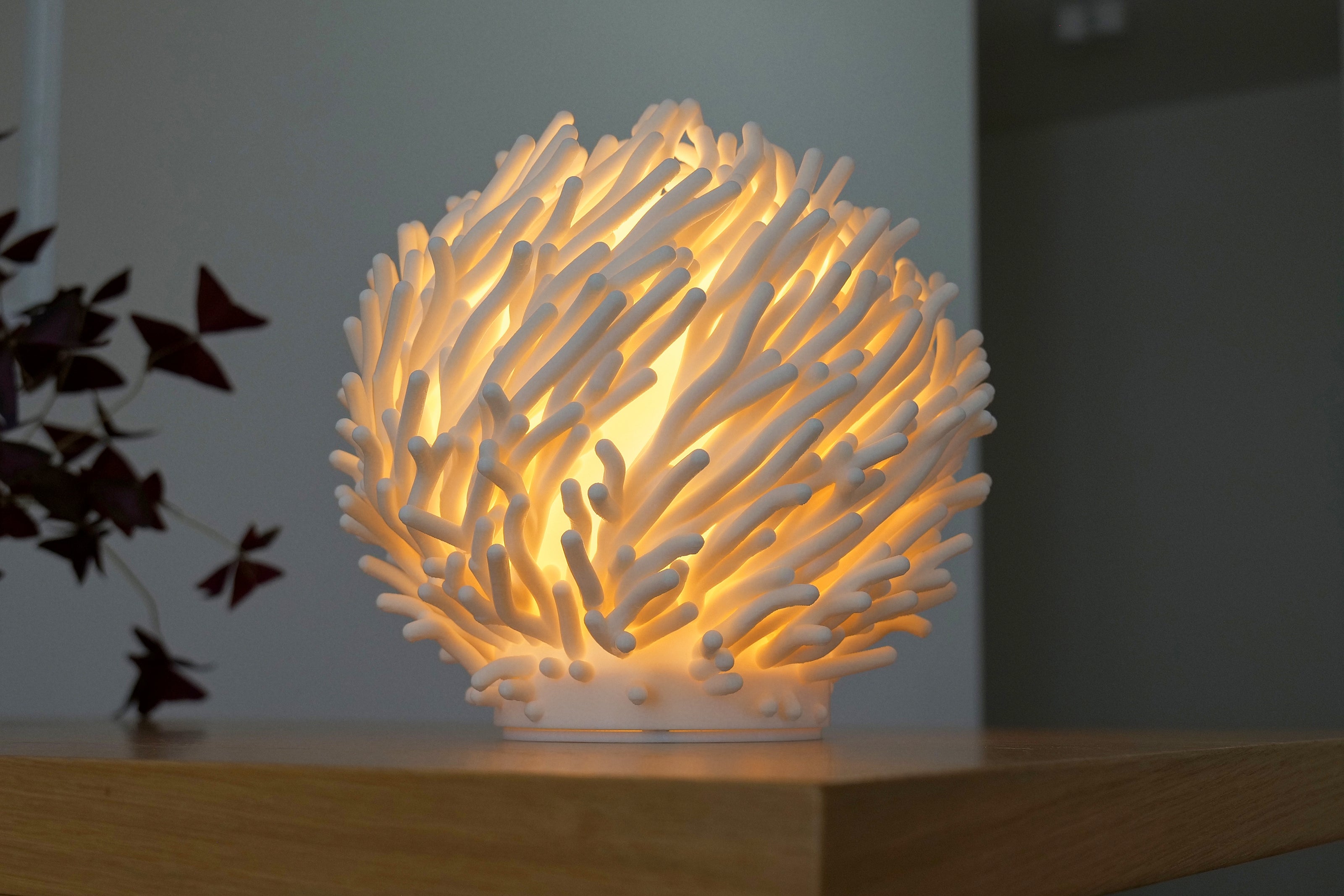 Coral-shaped lamp on a wooden surface with a blurred background