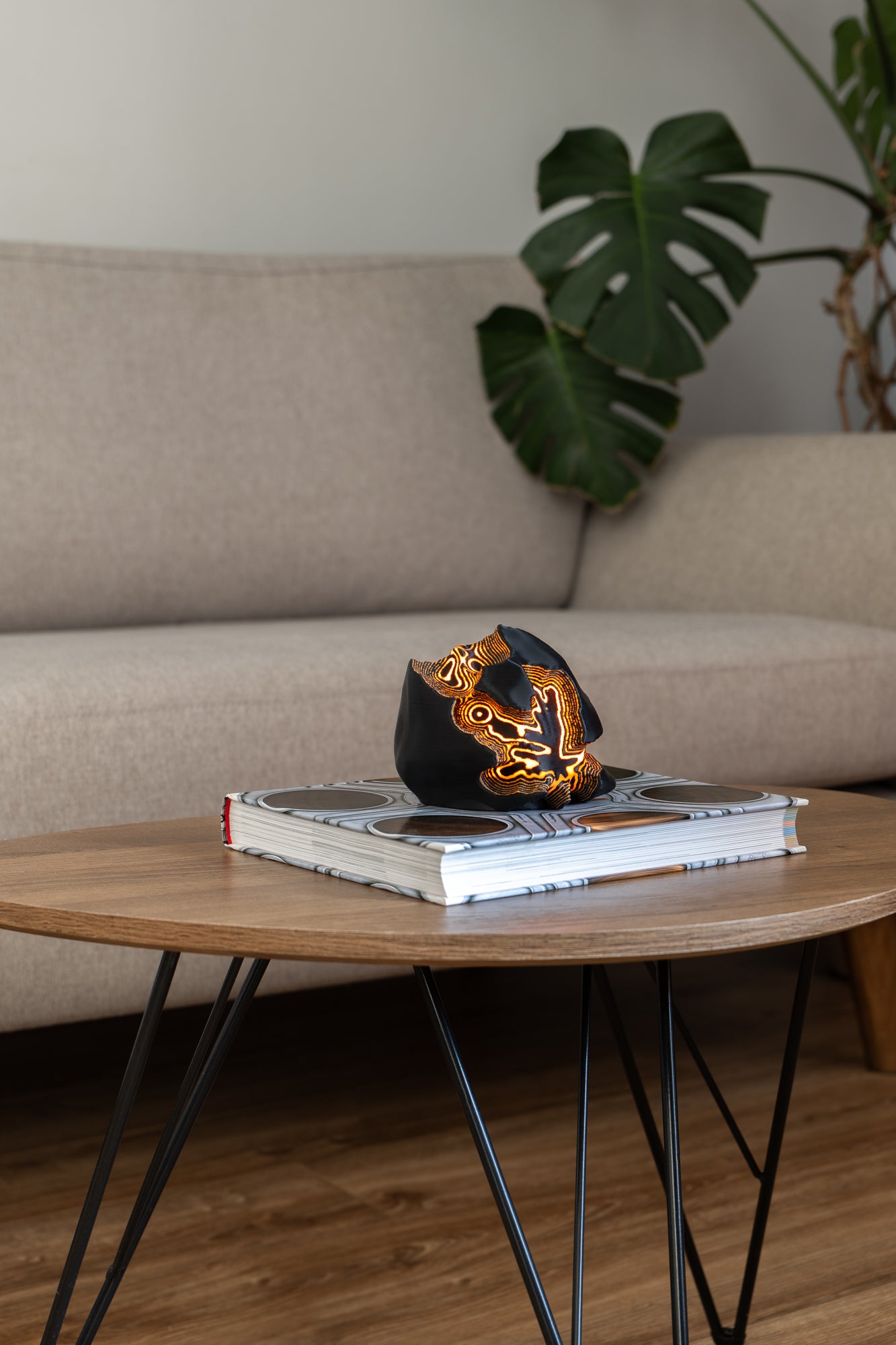 Decorative object on a book on a wooden coffee table with a beige sofa and plant in the background
